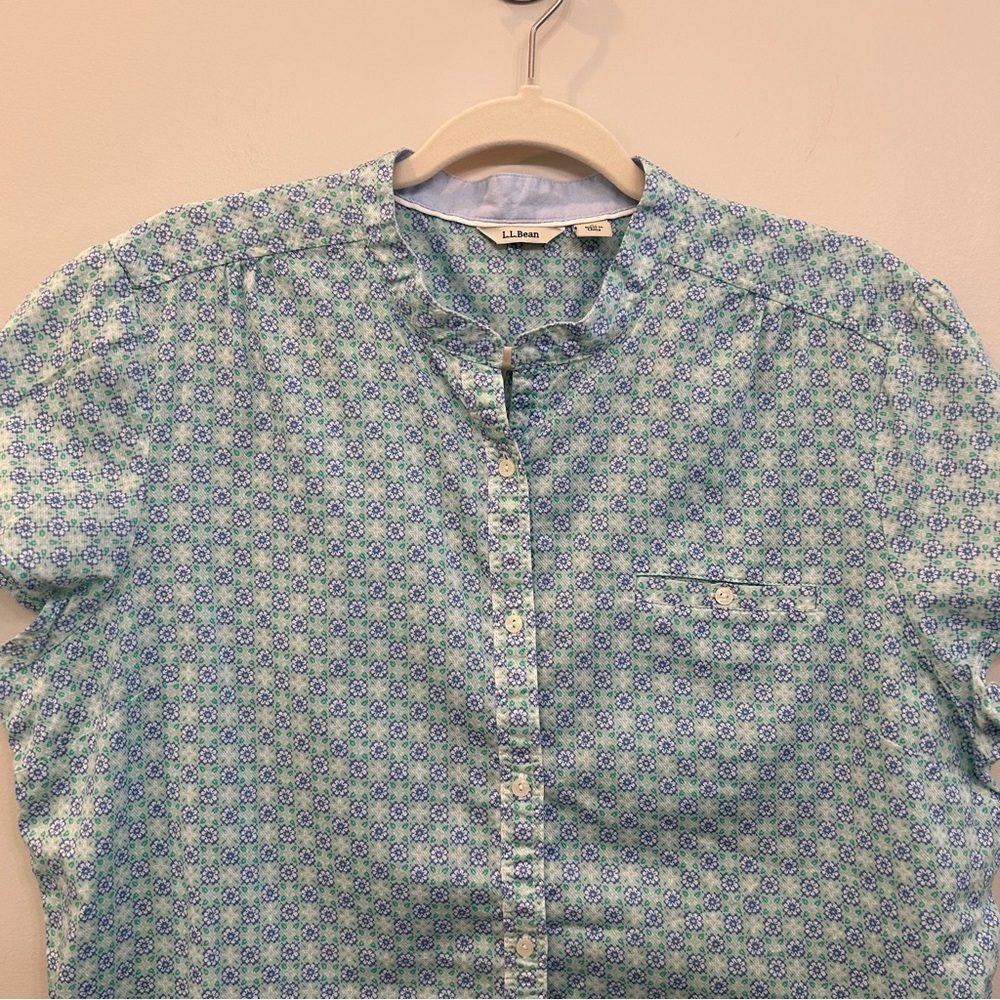 L.L. Bean Cotton Floral Button Down Short Sleeve Shirt White Blue Green Size L - Picture 2 of 8